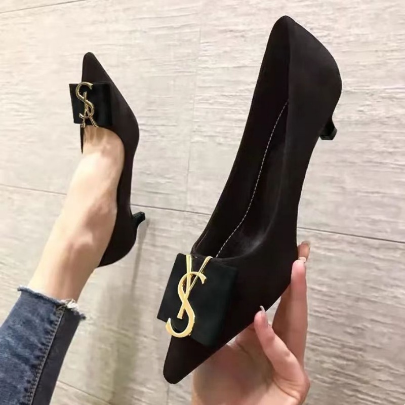 Women Shoes Ysl - 2023 ใหม่เกาหลีรุ่นโลหะการออกแบบหัวเข็มขัดหนังนิ่มปากตื้นชี้แบน/หนา/รองเท้าส้นสูงด้านล่างรองเท้าหรูหราสีดําผู้หญิง