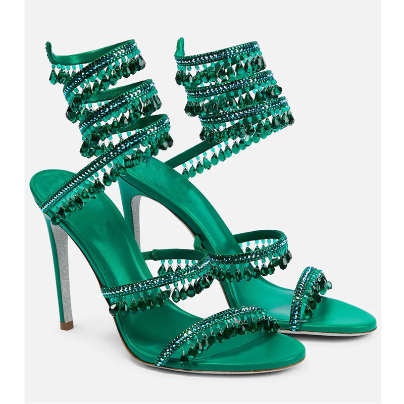 Ankle Strap Heels - รองเท้าส้นสูงประดับคริสตัลสีเขียวแบบเซ็กซี่สำหรับผู้หญิง หัวกลม เปิดนิ้วเท้า ประดับด้วยเพชรเทียม เหมาะสำหรับงานปาร์ตี้
