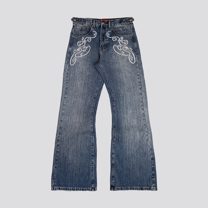 Women Shoes Jeans - กางเกงยีนส์ทรงบูทคัทสีน้ำเงิน Y2K วินเทจ ล้างสี ปักลาย สำหรับผู้ชายและผู้หญิง