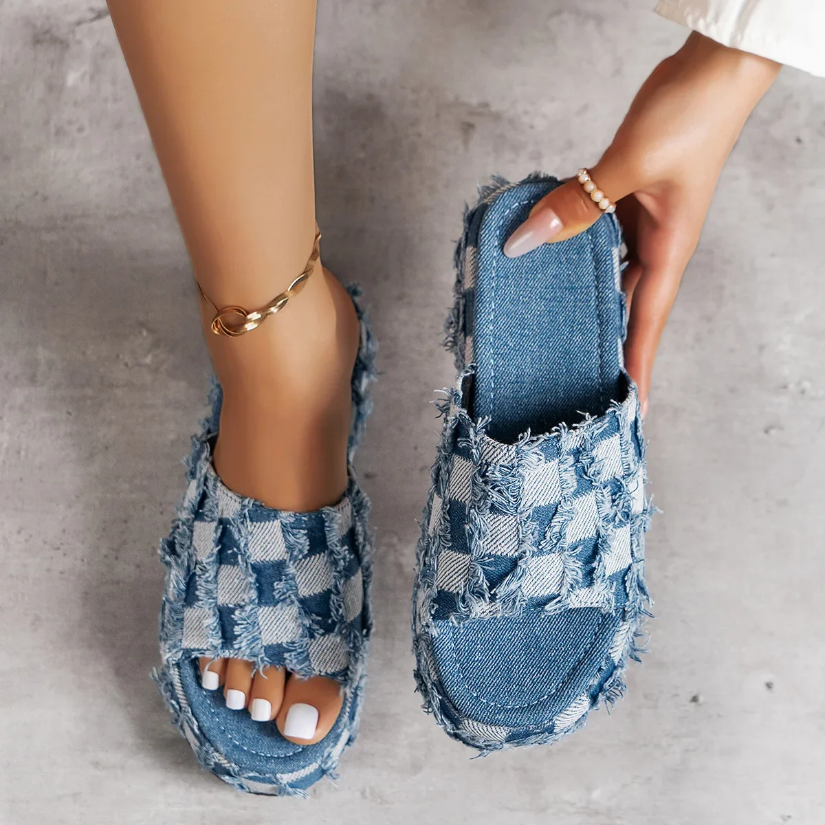 Women Shoes Jeans - รองเท้าส้นตึกผ้าเดนิมผู้หญิงรองเท้าแตะรัดส้นชายยีนส์แฟชั่นเปิดปลายเท้าลำลองใหม่สำหรับรองเท้าแตะชาย