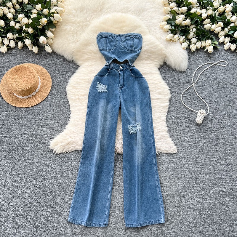 Women Shoes Jeans - จั๊มสูทเดนิมผู้หญิงแบบชิ้นเดียว สายเดี่ยว ไร้แขน กางเกงขายาว เอวสูง รอมเปอร์