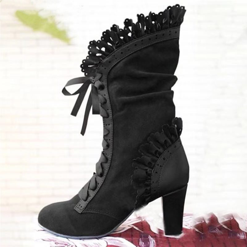 Women Shoes Jeans - ผู้หญิงลูกไม้ผู้หญิงรองเท้าส้นสูงกลางรองเท้า Botas Zapatos Mujer Retro หนังฤดูหนาวรองเท้า