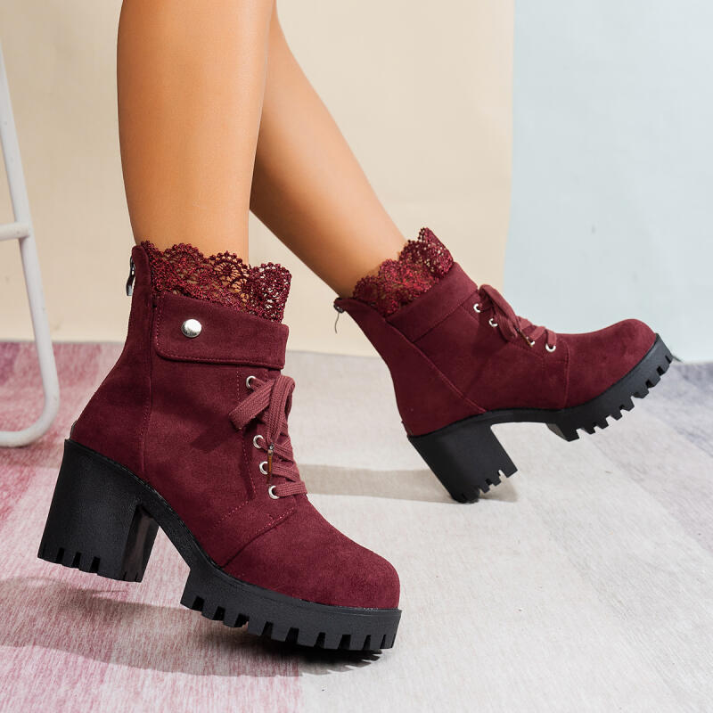 Women'S Shoes Red Bottoms - รองเท้าบูทส้นสูงแบบหนา สไตล์เรโทร สีแดงไวน์ ตกแต่งด้วยผ้าลูกไม้ พร้อมพื้นรองเท้าหนา วัสดุหนังกลับ