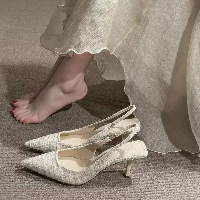 Women Shoes Branded - แบรนด์แฟชั่นออกแบบรองเท้าส้นตึกแบบถักสำหรับผู้หญิง รองเท้าปาร์ตี้หัวแหลม รองเท้าส้นเข็มไซส์ใหญ่ใส่สบายสำหรับฤดูร้อน