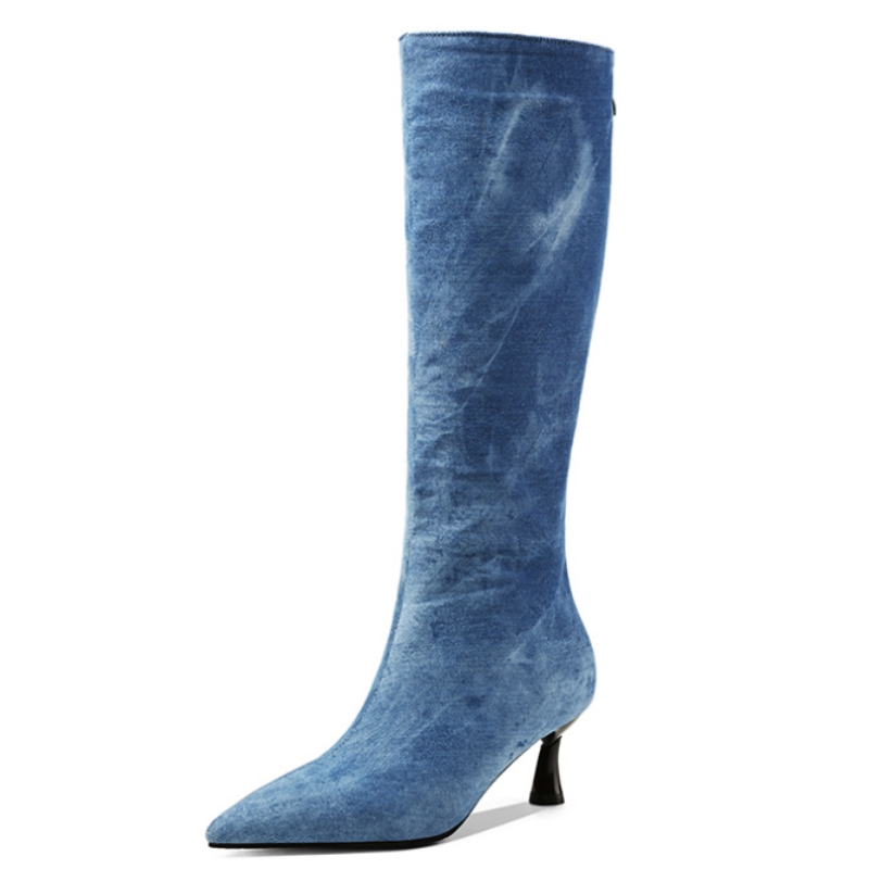 Women Shoes Jeans - กางเกงยีนส์สีฟ้าเข่ารองเท้าบูทสูงรองเท้าผู้หญิงฤดูใบไม้ผลิฤดูหนาวจุด DENIM รองเท้าส้นสูงยาว BOOT Dance PARTY