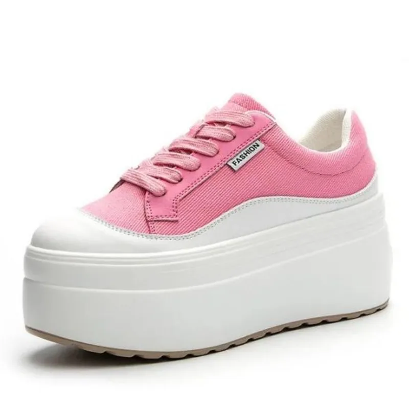 Women Shoes Store - 8 ซม.ใหม่ผ้าใบของแท้หนังผู้หญิงสีชมพูแฟชั่นรองเท้าผ้าใบแพลตฟอร์มรองเท้า WEDGE ส้นสุภาพสตรีฤดูร้อนผสมสี Vulcanize