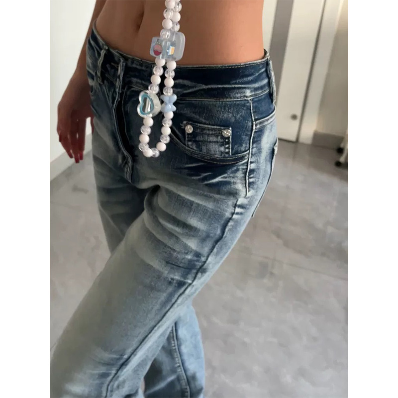 Women Shoes Jeans - กางเกงยีนส์ทรงไมโครเฟลร์ Y2K สำหรับผู้หญิง สไตล์สาวแซ่บ เอวกลาง ทรงสลิมฟิต