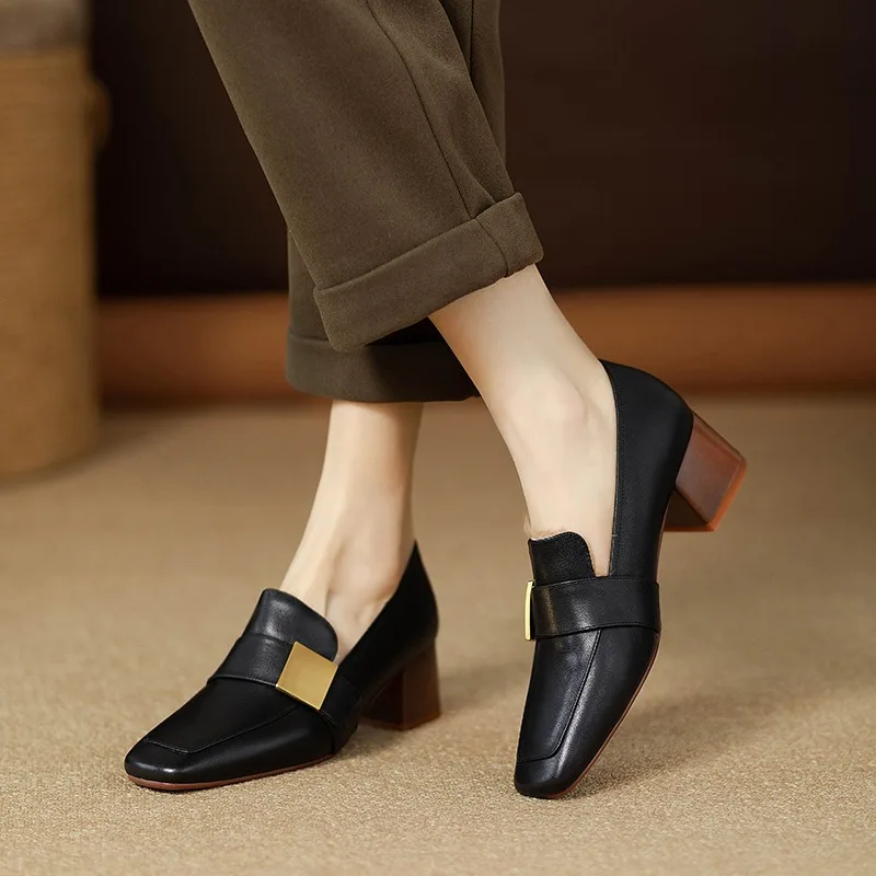 Women Shoes Jeans - รองเท้าส้นหนาหัวเหลี่ยมสไตล์แมรี่เจน หนังแฟชั่นสำหรับผู้หญิง ดีไซน์หรูหรา สวมใส่ง่าย เหมาะสำหรับใส่ในชีวิตประจำวัน
