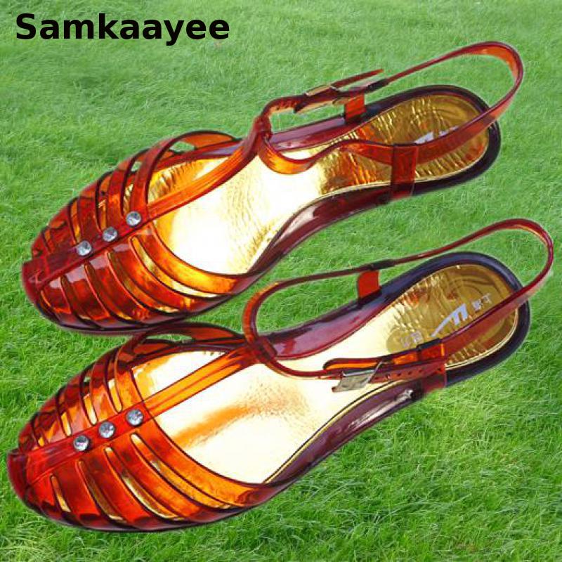 Women'S Shoes Red Bottoms - ขนาด35-40รองเท้าแตะรองเท้าส้นแบนสตรีรองเท้าฤดูร้อนหญิงคริสตัลนุ่มด้านล่างสายคล้องคอ Hollow Mujer Red Jelly Chaussures