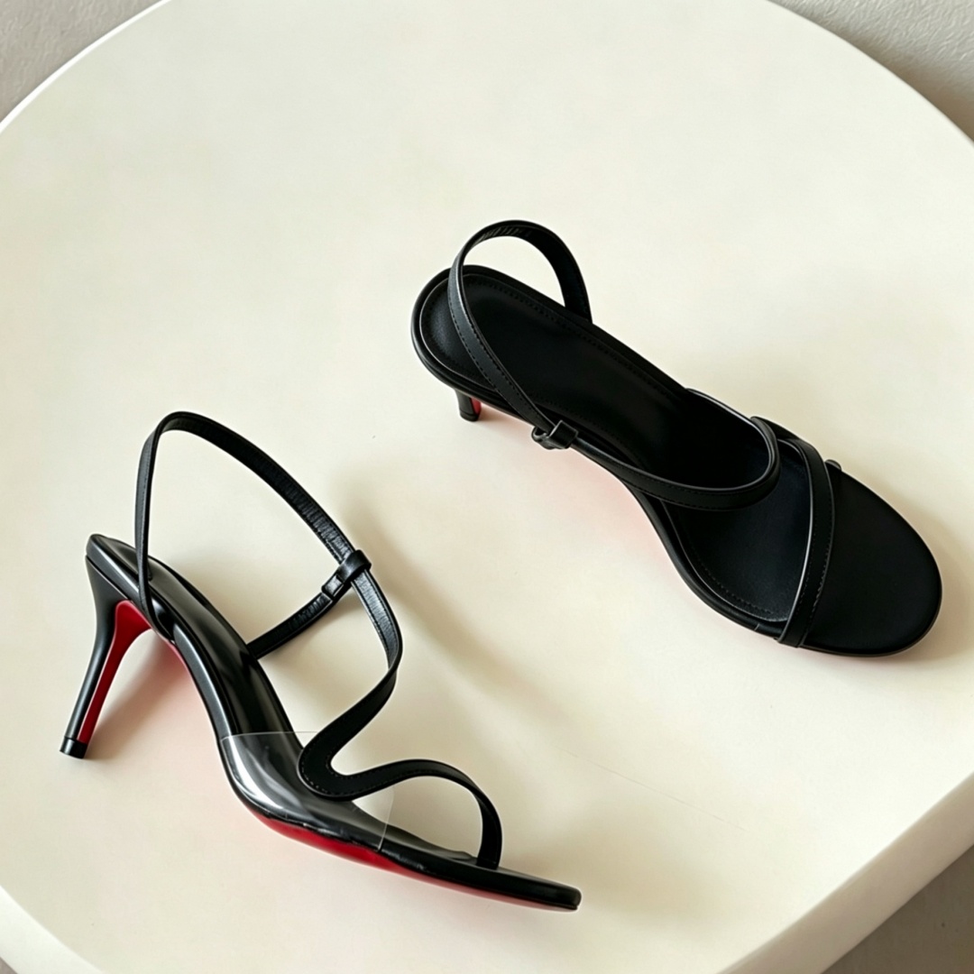 Women Shoes Branded - รองเท้าส้นสูงสตรีแบรนด์หรูสำหรับงานแต่งงานและงานเลี้ยง สายรัดรูปตัว S พื้นรองเท้าสีแดง ส้นเข็ม เปิดหน้าเท้า