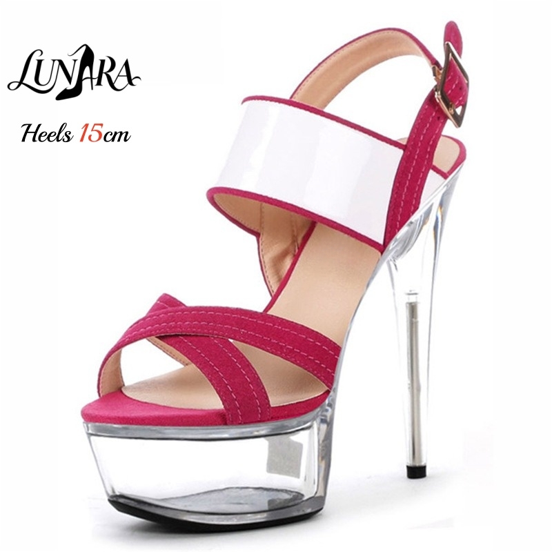 Ankle Strap Heels - รองเท้าส้นเข็มแบบแพลตฟอร์มใส 15 ซม./6 นิ้ว สีชมพูหนังกลับ สายไขว้