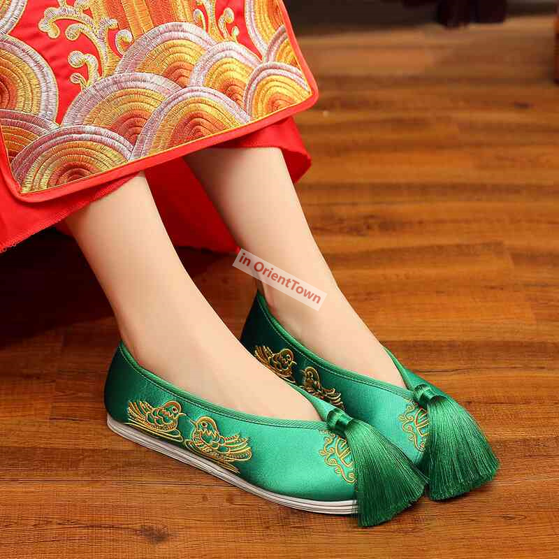 Women'S Shoes Red Bottoms - รองเท้ากี่เพ้าแบบพื้นเรียบลายมังกรและหงส์ สีเหลือง เขียว แดง รองเท้าเจ้าสาวงานแต่งงานแบบจีน ทำจากผ้า