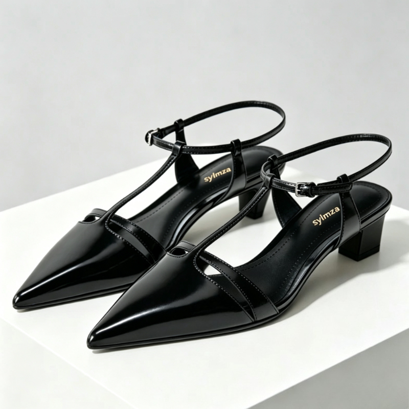 Ankle Strap Heels - รองเท้าส้นสูงแบบคิทเทนฮีลหนังแก้วสำหรับผู้หญิง ดีไซน์สายรัดรูปตัว T ปลายแหลม เซ็กซี่ หรูหรา