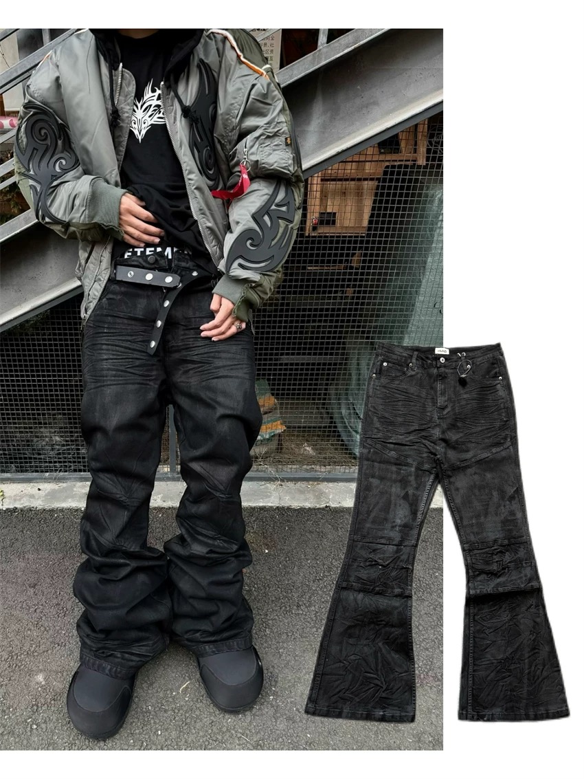 Women Shoes Jeans - กางเกงยีนส์ทรงไมโครเฟลร์แบบไฮสตรีท สไตล์อเมริกันเรโทร ฮีฟวี่อินดัสทรี สำหรับผู้ชายและผู้หญิง สีดำ โกธิค