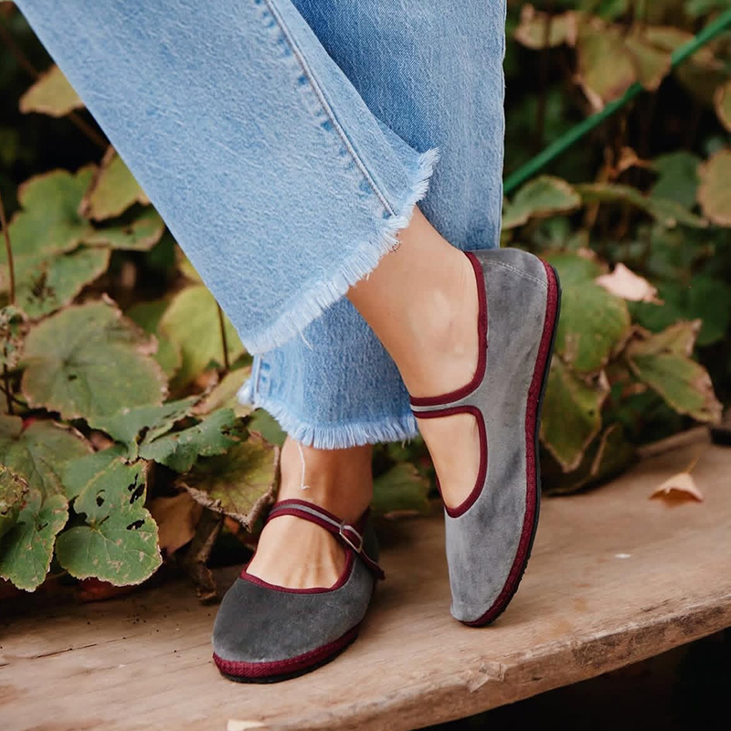 Women Shoes Jeans - สีเทา Mary กางเกงยีนส์รองเท้าผู้หญิงรอบ Toe Hand Stitch