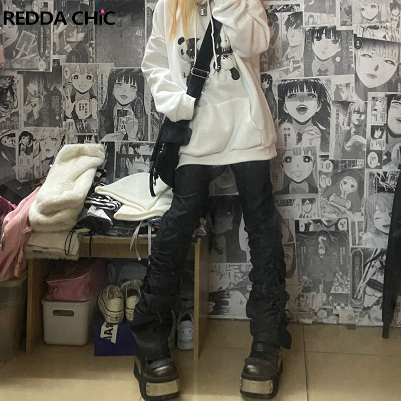 Women Shoes Jeans - REDDACHiC Goth Lolita สีดำกางเกง Flare ซ้อนกางเกงยีนส์ผู้หญิงยืดสูงเอวกางเกง2000S