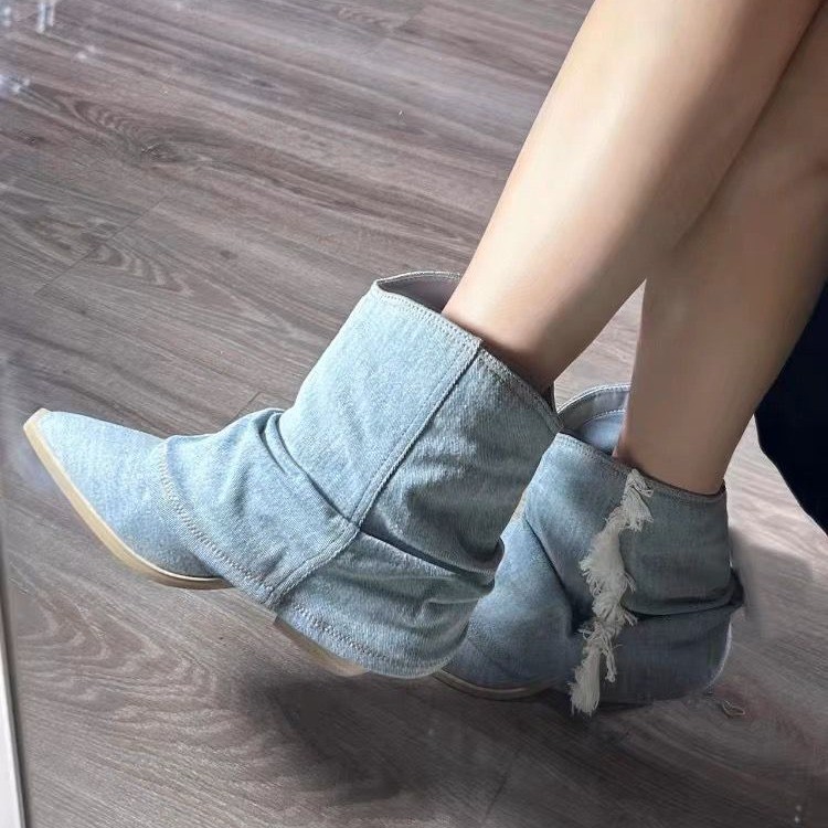 รองเท้าบูทหุ้มข้อผ้ายีนส์มีจีบ - Women Shoes Jeans บทวิจารณ์และราคา
