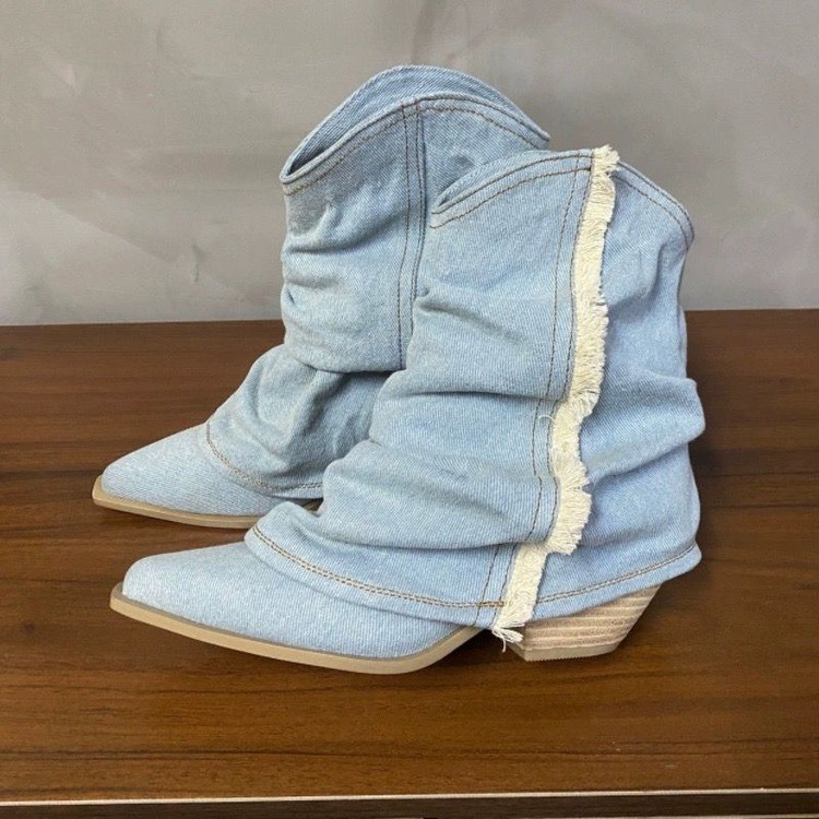 รองเท้าบูทหุ้มข้อผ้ายีนส์มีจีบ - Women Shoes Jeans บทวิจารณ์และราคา
