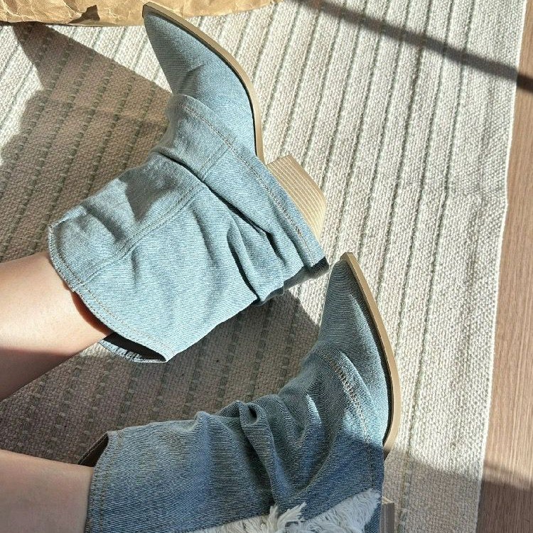รองเท้าบูทหุ้มข้อผ้ายีนส์มีจีบ - Women Shoes Jeans บทวิจารณ์และราคา