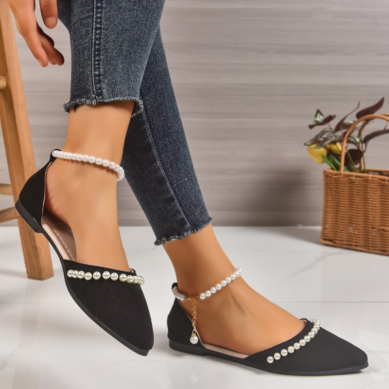 รองเท้าส้นแบนหัวแหลมประดับมุก  - Ankle Strap Heels บทวิจารณ์และราคา
